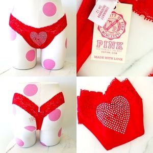 Victoria's Secret PINK Vintage Sequin Rhinestone Crystal Heart Thong Panty NWT